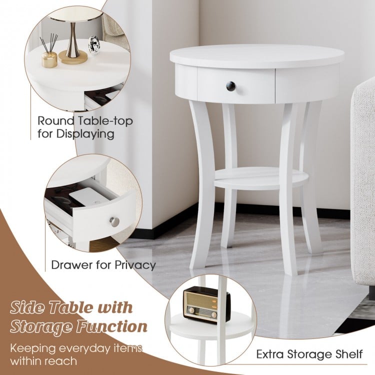 Round white end table with open drawer and extra storage shelf, perfect for bedside or living room use.